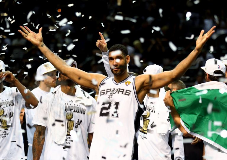 SAN ANTONIO, TX - JUNE 15: Tim Duncan #21 of the San Antonio Spurs celebrates after defeating the Miami Heat in Game Five of the 2014 NBA Finals at the AT&T Center on June 15, 2014 in San Antonio, Texas. NOTE TO USER: User expressly acknowledges and agrees that, by downloading and or using this photograph, User is consenting to the terms and conditions of the Getty Images License Agreement. (Photo by Andy Lyons/Getty Images)